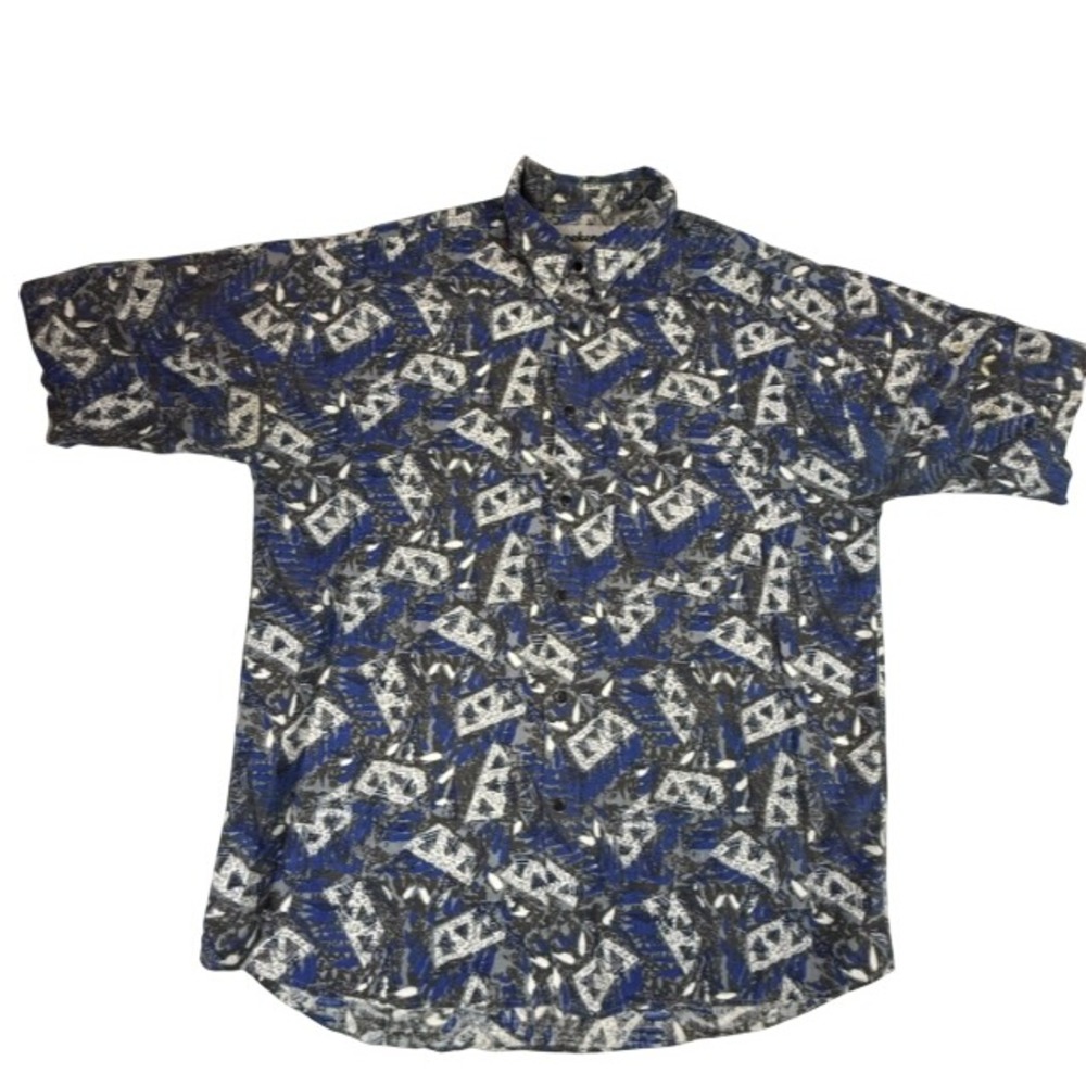 Weekends Vintage Abstract Geometric Print Button Down Shirt XL Blue Cotton Y2K